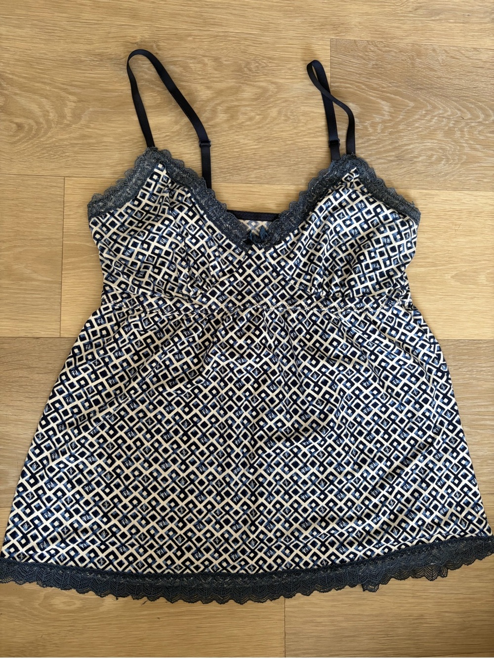 Y2K Navy Geometric Lace Trim Babydoll Cami Top Coquette Sleepwear Style